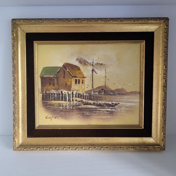 Vintage Mid-Century Original Framed Painting - Boat and water scene - Picture 16 of 16